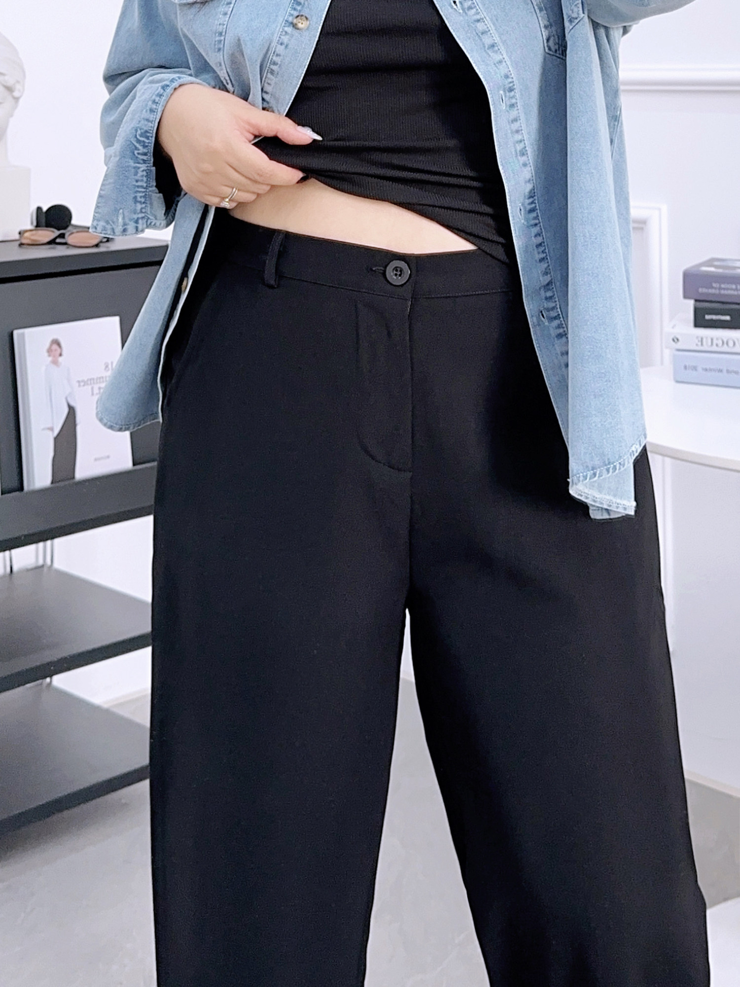 大码黑色开叉休闲西装裤女秋季高腰宽松胖mm梨形身材阔腿直筒裤子,淘宝优惠券,粉丝福利购,淘宝优惠卷