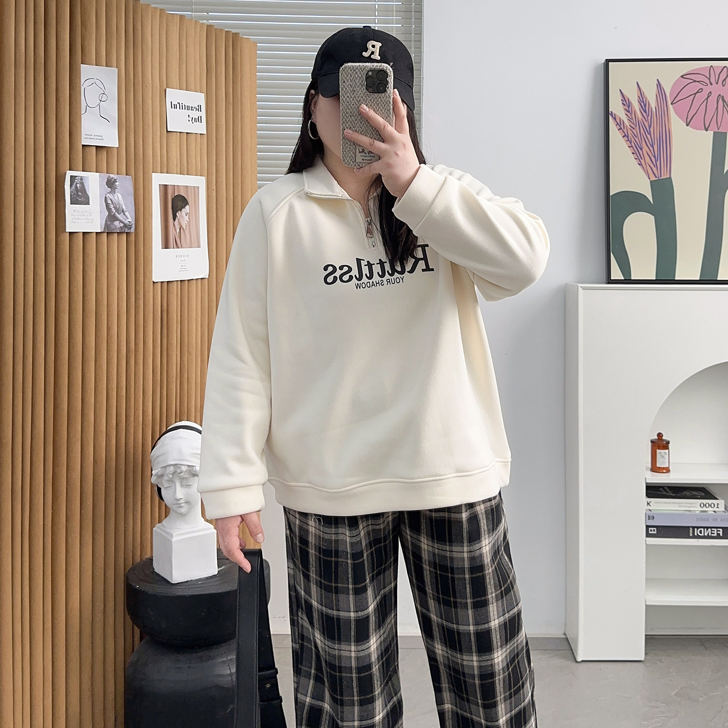 胖mm大码polo领美式字母印花卫衣加绒女秋冬慵懒风显瘦半拉链外套,淘宝优惠券,粉丝福利购,淘宝优惠卷