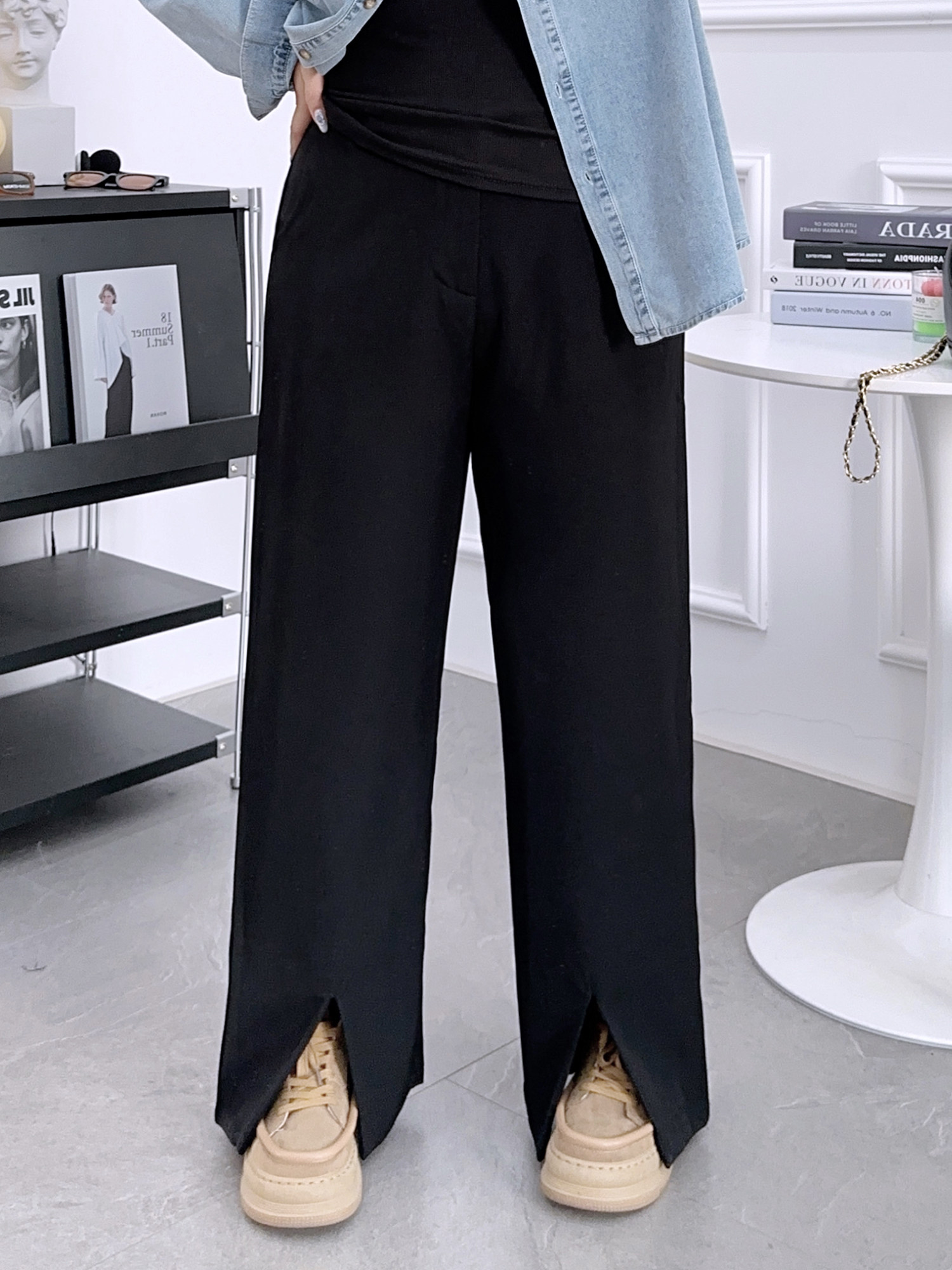大码黑色开叉休闲西装裤女秋季高腰宽松胖mm梨形身材阔腿直筒裤子,淘宝优惠券,粉丝福利购,淘宝优惠卷