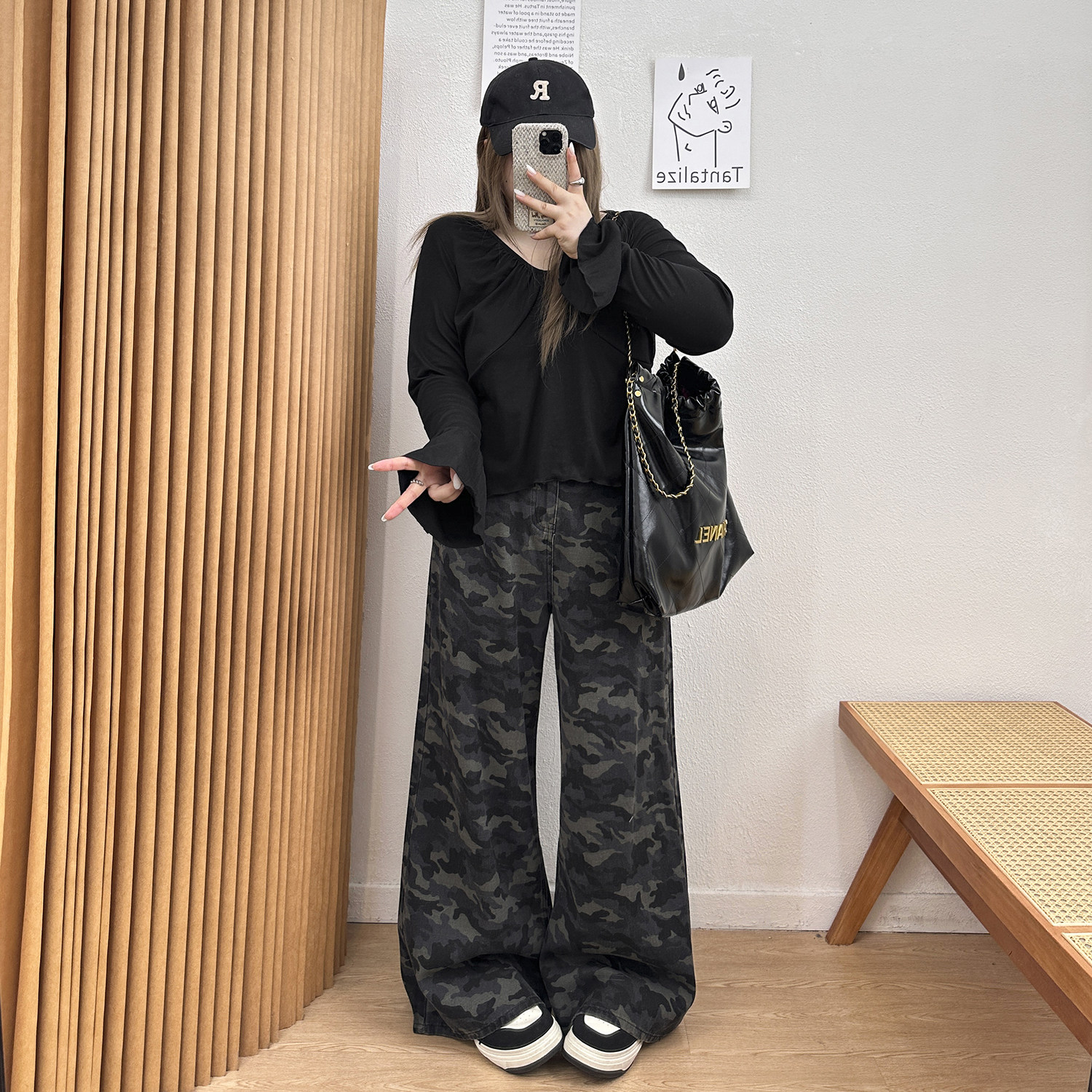 宛宛大码女装美式复古迷彩工装牛仔裤胖mm慵懒松弛感显瘦阔腿裤子,淘宝优惠券,粉丝福利购,淘宝优惠卷