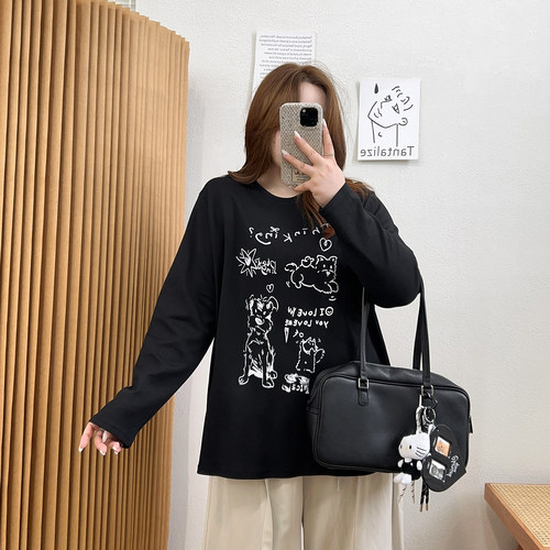 宛宛大码女装印花长袖T恤女秋季2026新款胖MM显瘦内搭打底衫上衣 - 图0