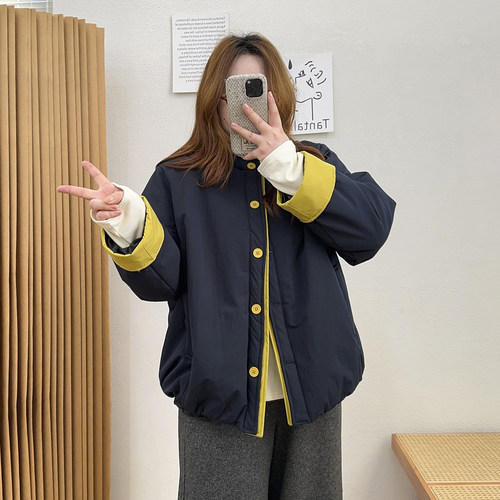 宛宛大码冬季新款胖妹妹撞色棉服女韩系简约通勤百搭保暖棉衣外套 - 图2