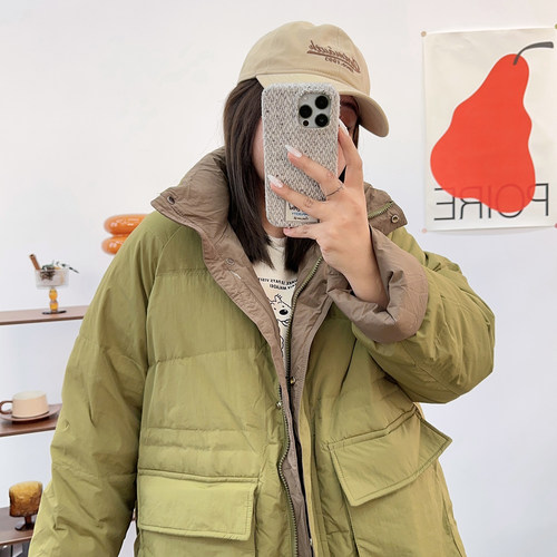 大码白鸭绒羽绒服拼色中长款200斤胖MM2024秋冬新款宽松休闲外套 - 图0