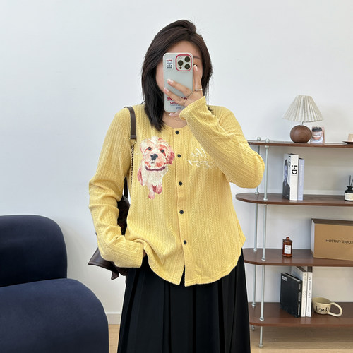 宛宛大码慵懒风印花开衫上衣女装秋季胖mm显瘦长袖T恤薄款上衣潮 - 图0