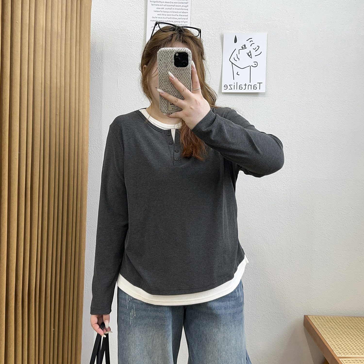 宛宛大码休闲复古长袖针织t恤女假两件正肩体恤胖MM遮肉显瘦上衣 - 图2