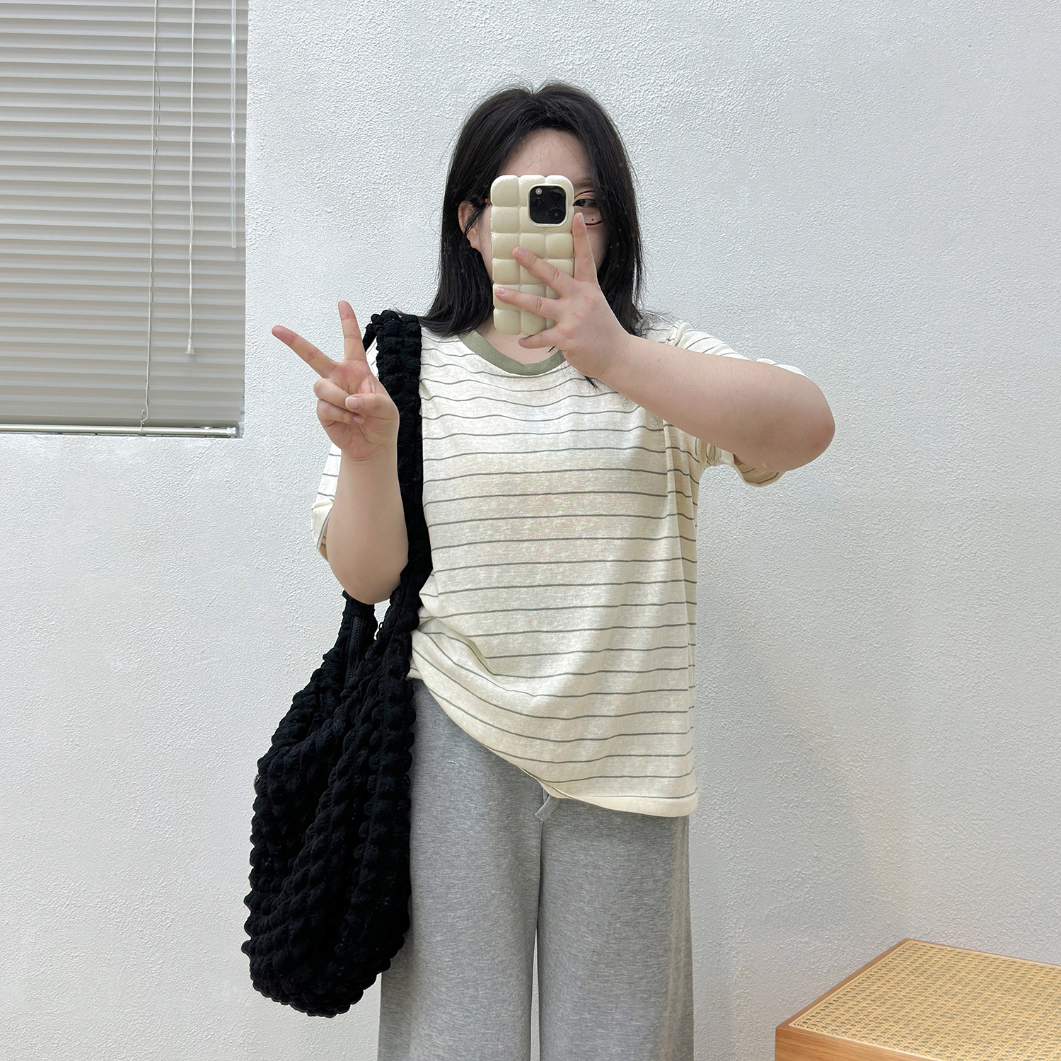 宛宛大码女装胖mm学院风细条纹圆领短袖春夏宽松显瘦休闲T恤上衣 - 图0