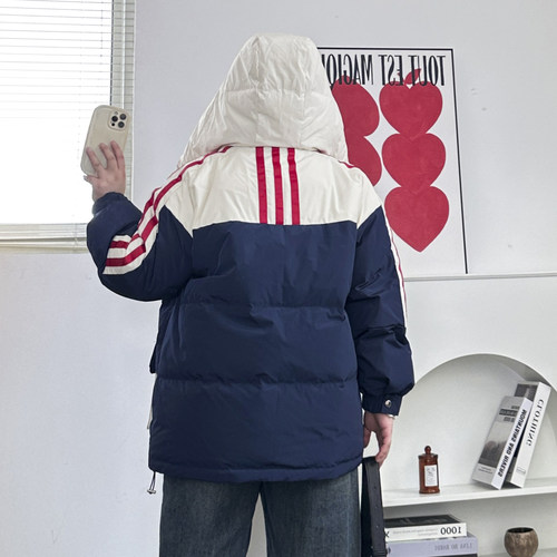 大码设计感连帽撞色羽绒棉服女2024冬季胖mm宽松百搭白鸭绒衣服潮 - 图1