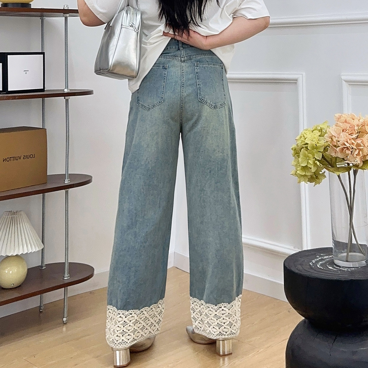 大码女装复古蕾丝拼接直筒牛仔裤春夏设计感高腰宽松阔腿九分裤子,淘宝优惠券,粉丝福利购,淘宝优惠卷
