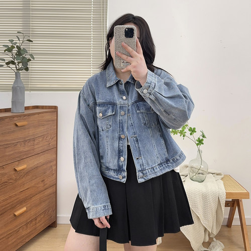 大码复古美式牛仔外套女新款胖mm港味chic休闲百搭短款夹克上衣 - 图0