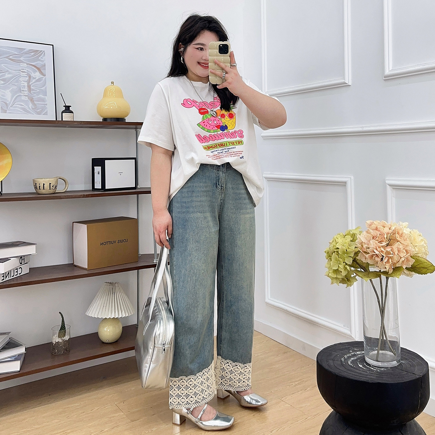 大码女装复古蕾丝拼接直筒牛仔裤春夏设计感高腰宽松阔腿九分裤子,淘宝优惠券,粉丝福利购,淘宝优惠卷