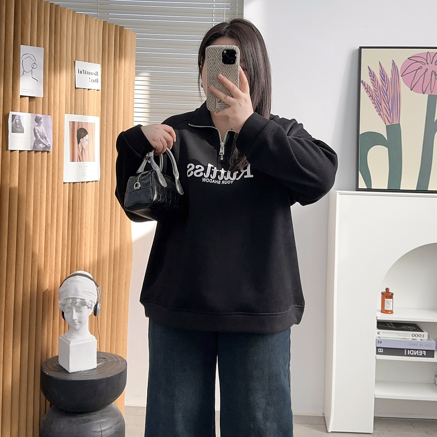 胖mm大码polo领美式字母印花卫衣加绒女秋冬慵懒风显瘦半拉链外套,淘宝优惠券,粉丝福利购,淘宝优惠卷