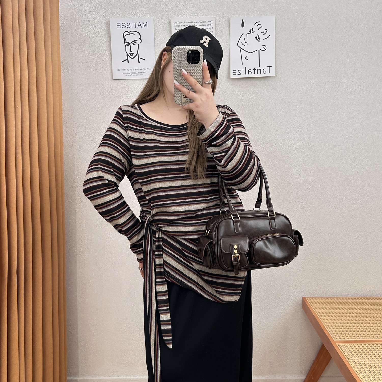 宛宛大码不规则条纹长袖T恤女秋季新款修身体恤胖MM显瘦露肩上衣 - 图0