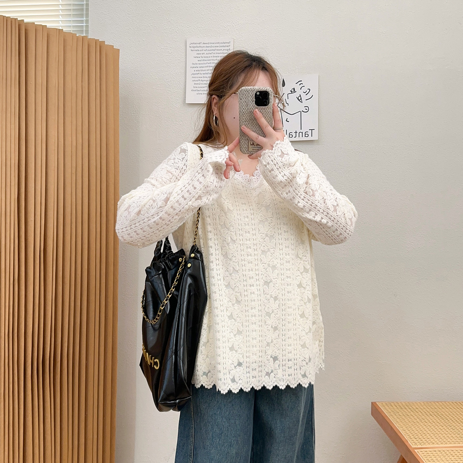 宛宛大码女装遮肚子钩花V领蕾丝衫女胖妹妹宽松显瘦中长款打底衫,淘宝优惠券,粉丝福利购,淘宝优惠卷