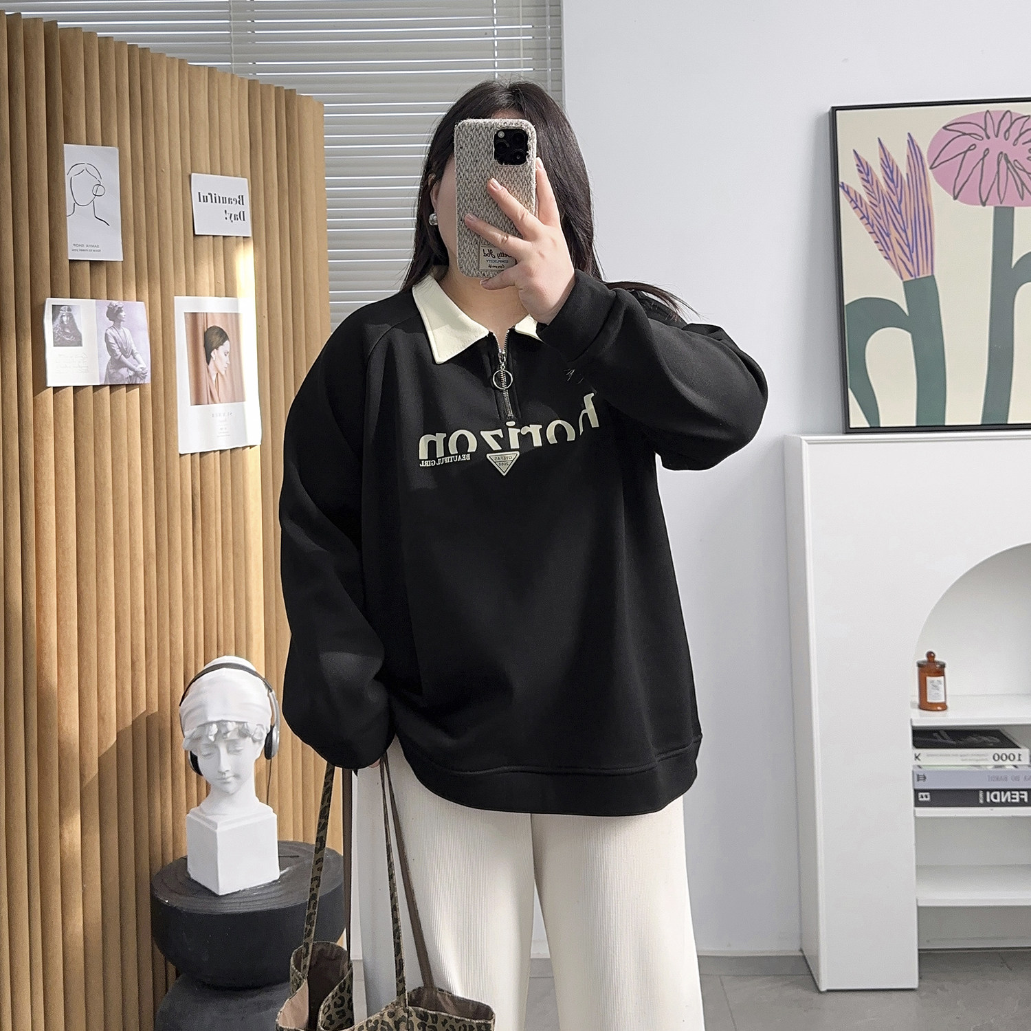 大码女装polo领半拉链卫衣女秋冬季加绒200斤胖mm宽松插肩袖上衣,淘宝优惠券,粉丝福利购,淘宝优惠卷