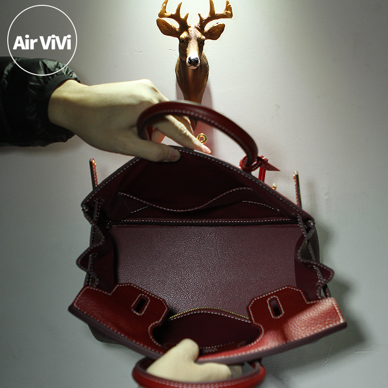 Airvivi-10C74-真皮铂金包 荔枝纹头层牛皮酒红色女包手提包时尚 - 图1