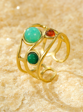 新款ins风天然石戒指镀18k金不锈钢感开口戒指不掉色跨境饰品