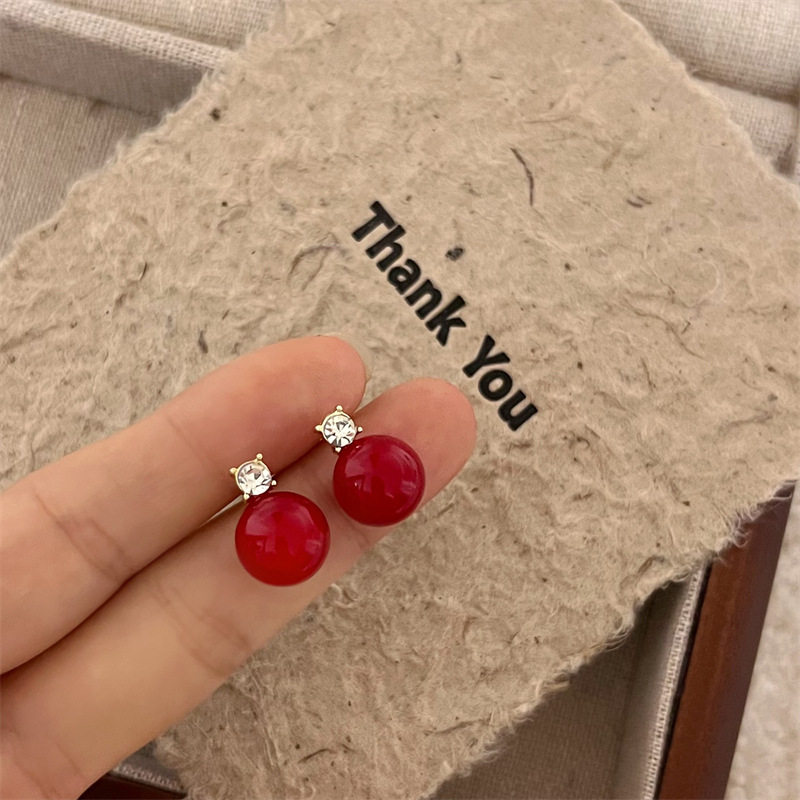 几何红珠子樱桃红珍珠耳钉一字拖气质百搭小众新年新款简约女耳饰,淘宝优惠券,粉丝福利购,淘宝优惠卷