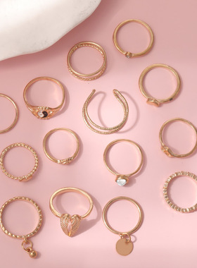 亚马逊新款 欧美波西米亚风格14件套镶钻八卦爱心关节戒指女