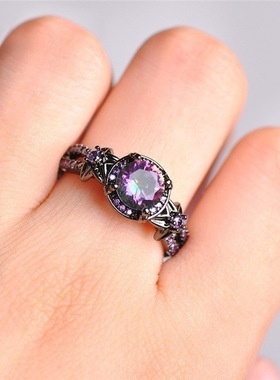 海饶2023欧美跨境时尚配饰枪黑紫色锆石镂空设计女士戒指几何造型