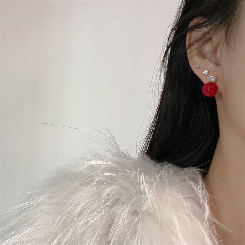 几何红珠子樱桃红珍珠耳钉一字拖气质百搭小众新年新款简约女耳饰,淘宝优惠券,粉丝福利购,淘宝优惠卷