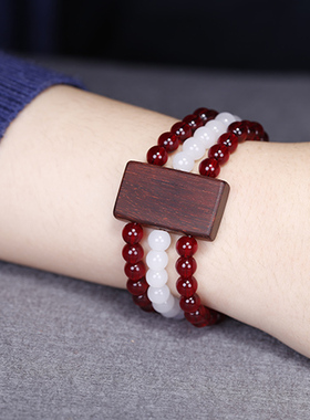 民族风佛珠手串印度小叶紫檀混搭石榴石玛瑙多圈手排手链女个性潮