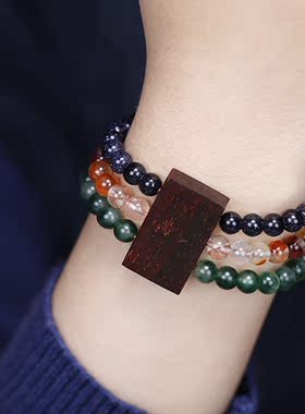 民族风佛珠手串印度小叶紫檀混搭红胶花水晶多圈手排手链女气质潮