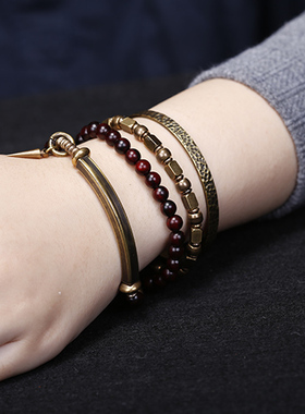 印度小叶紫檀老料佛珠手链项链双用女混搭黄铜弯管手串简约气质男