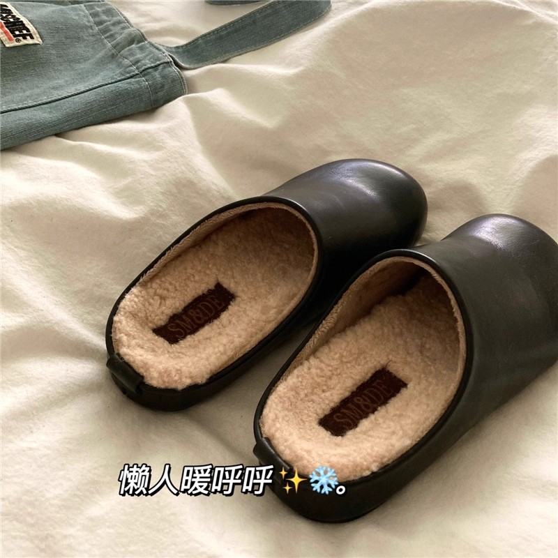 gp日本真皮厚底加绒勃肯鞋女2025新款黑色高档懒人增高包头半拖鞋 - 图2