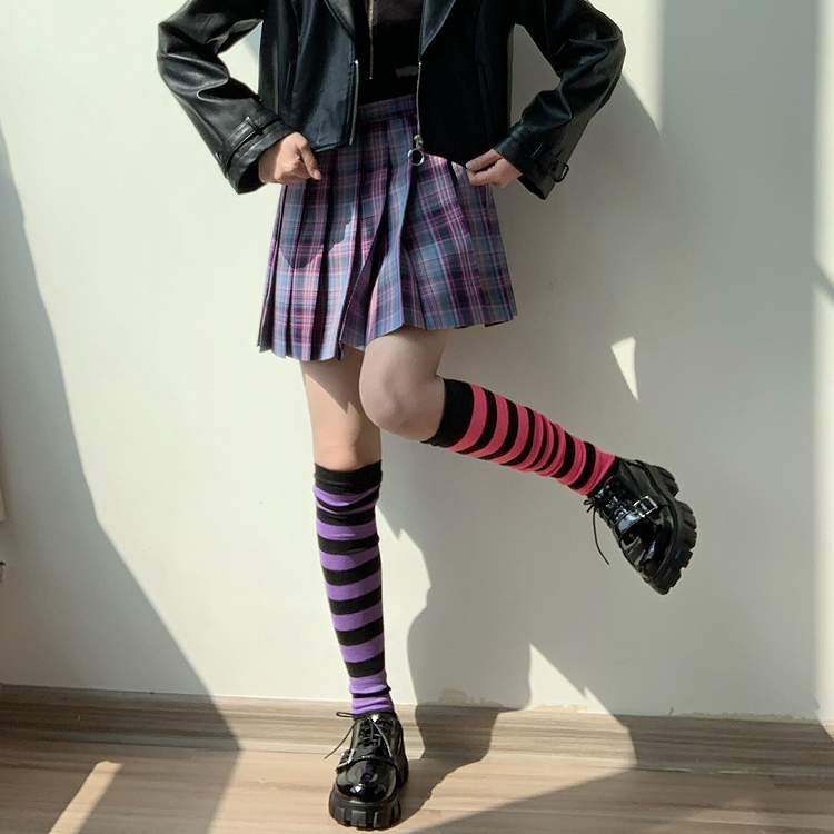 日系高筒大腿袜紫粉黑白cos条纹彩色动漫软妹学生jk制服电竞少女-图0