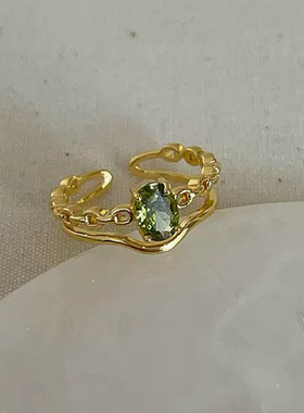 金色链条绿锆石开口戒指气质轻奢小众高级设计感时尚百搭食指叠戴