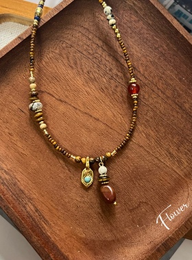 原创款虎眼石串珠双吊坠项链复古气质轻奢小众设计感民族风百搭