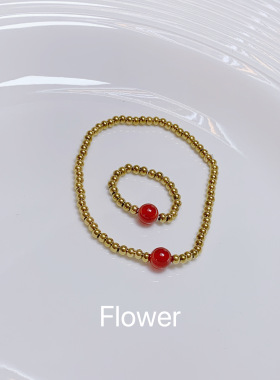 原创手作红色玛瑙金色圆珠弹力绳手链戒指气质轻奢小众时尚手饰