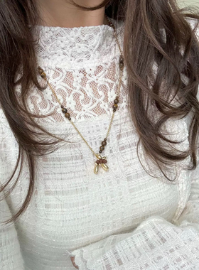 虎眼石串珠气球小狗吊坠钛钢项链复古小众轻奢高级感百搭毛衣链