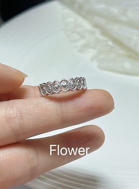 菱格镂空蕾丝锆石开口戒指气质轻奢设计法式宫廷风食指叠戴指环