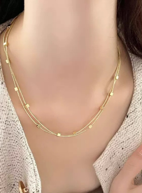 小方糖双层蛇骨钛钢项链气质轻奢叠戴百搭设计简约时尚锁骨链