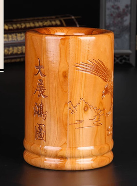 桃木文昌笔筒摆件木笔筒工艺品毛笔摆件木雕刻实木书桌办公桌
