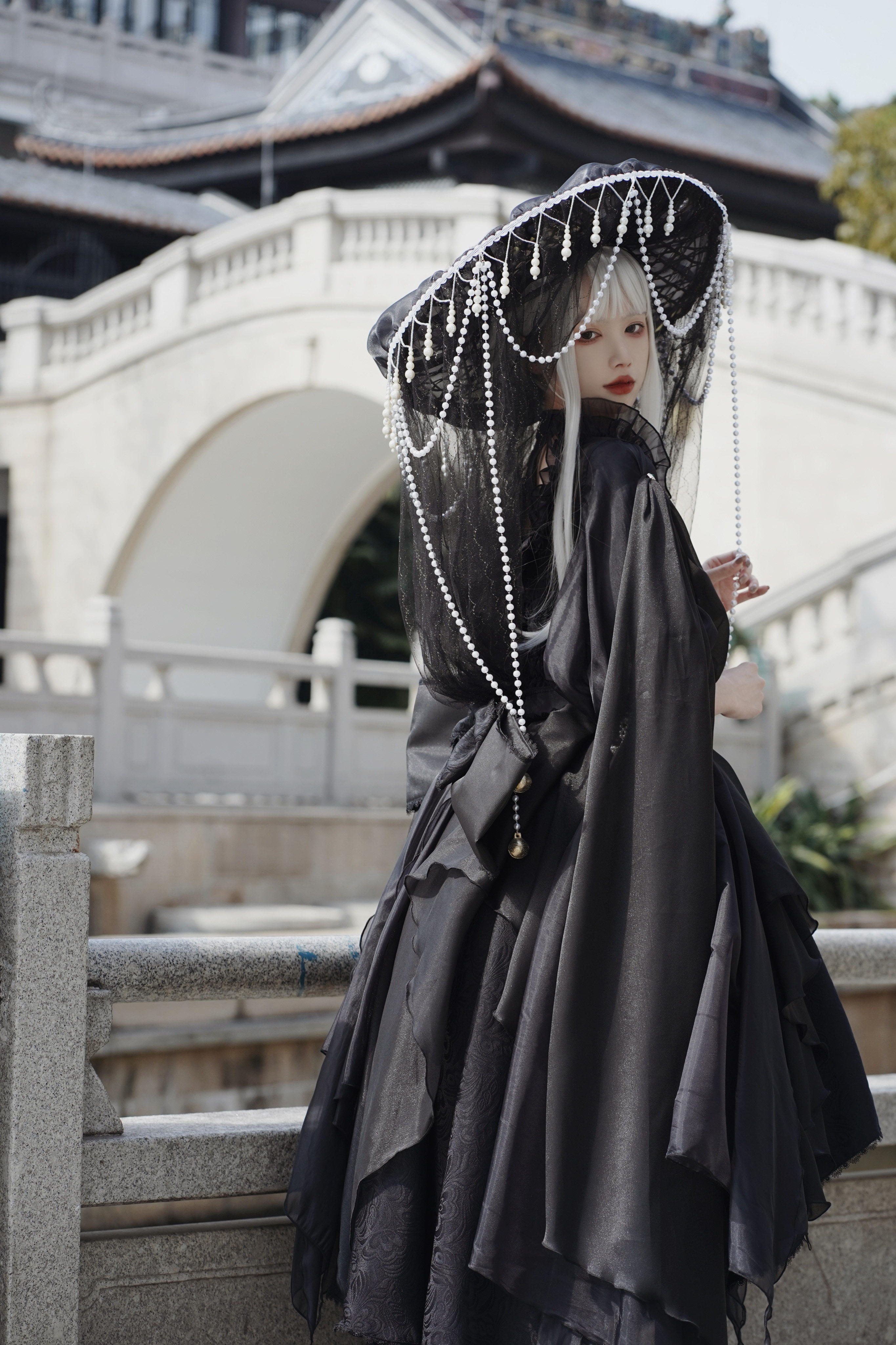 【现货】华夏喵lolita汉服面纱幕篱珍珠流苏斗笠帽古装道具仙侠风