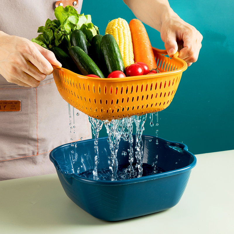 沥水篮新款六件套双层淘洗菜盆厨房洗水果盘客厅家用菜篮塑料大号 - 图0