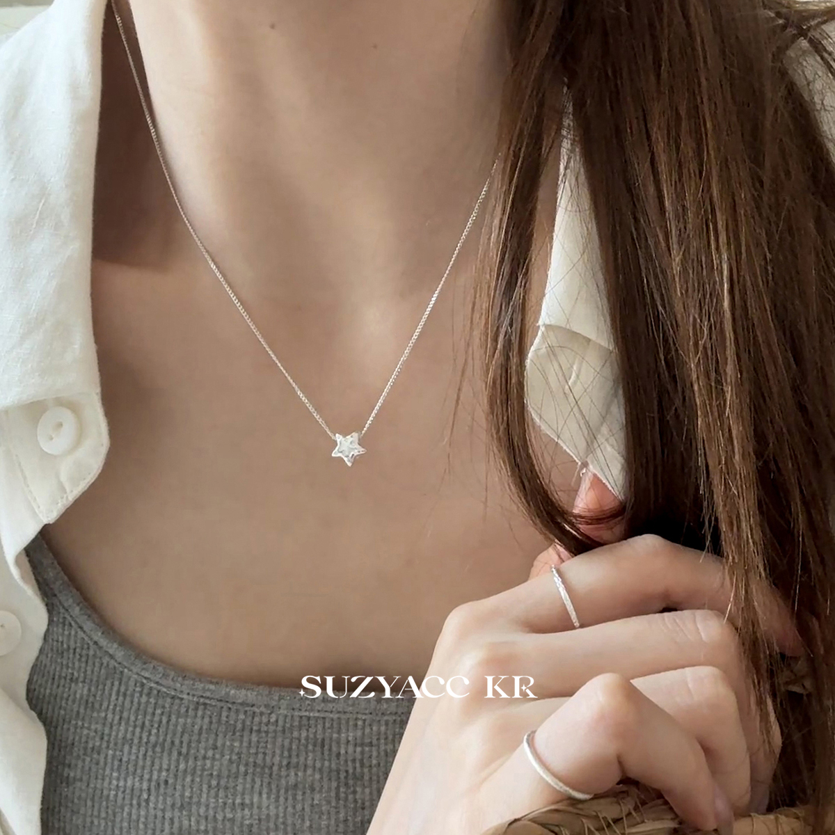 suzyacc kr纯银镶钻星星项链极简风ins小众锁骨链百搭通勤毛衣链 - 图0