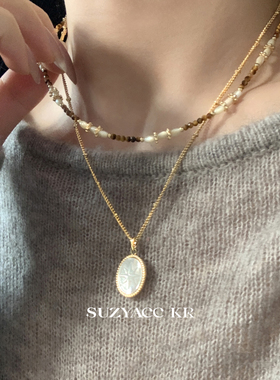 suzyacc kr个性定制白贝母椭圆吊坠项链复古小众设计串珠叠戴颈链
