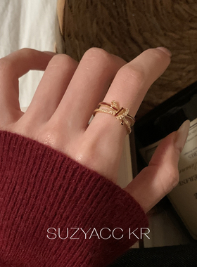 suzyacc kr红色滴釉水钻打结戒指轻奢气质小众高级感食指戒指环女
