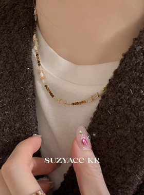 suzyacc kr复古美拉德咖色串珠项链女2024新款小众高级叠戴毛衣链