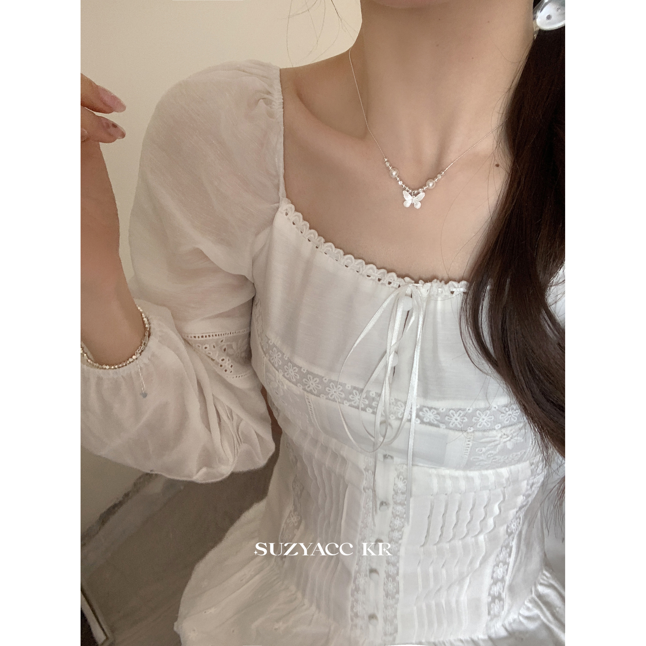 suzyacc kr气质小众纯银蝴蝶仿珍珠项链女轻奢高级气质温柔锁骨链 - 图1