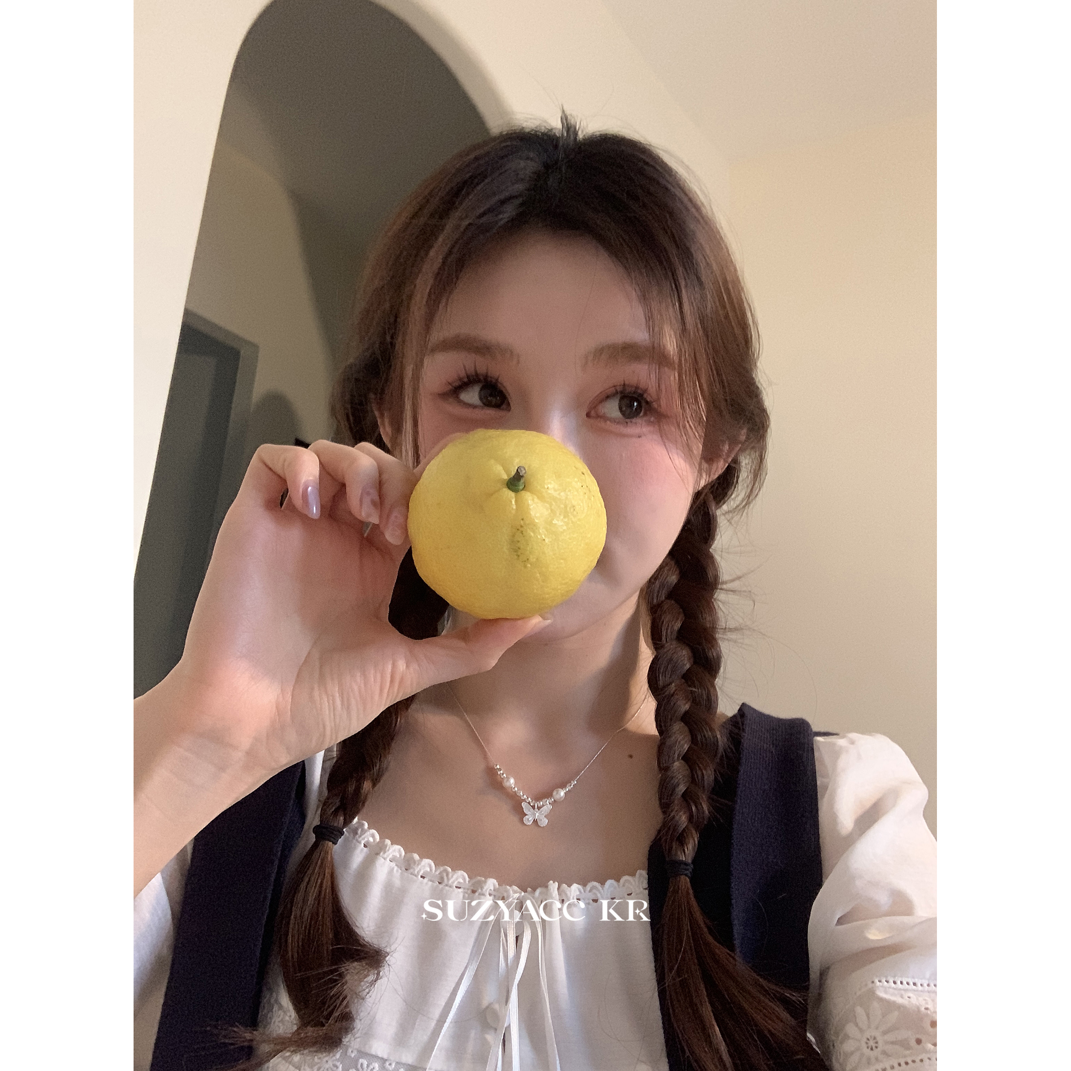 suzyacc kr气质小众纯银蝴蝶仿珍珠项链女轻奢高级气质温柔锁骨链 - 图0