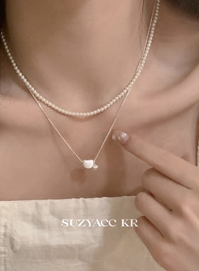 suzyacc kr拉丝幸运豆仿珍珠项链叠戴2025新款高级轻奢小众锁骨链