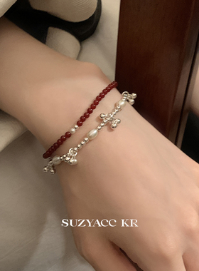 suzyacc kr纯银红玛瑙串珠手链轻奢小众精致手串复古百搭高级手饰