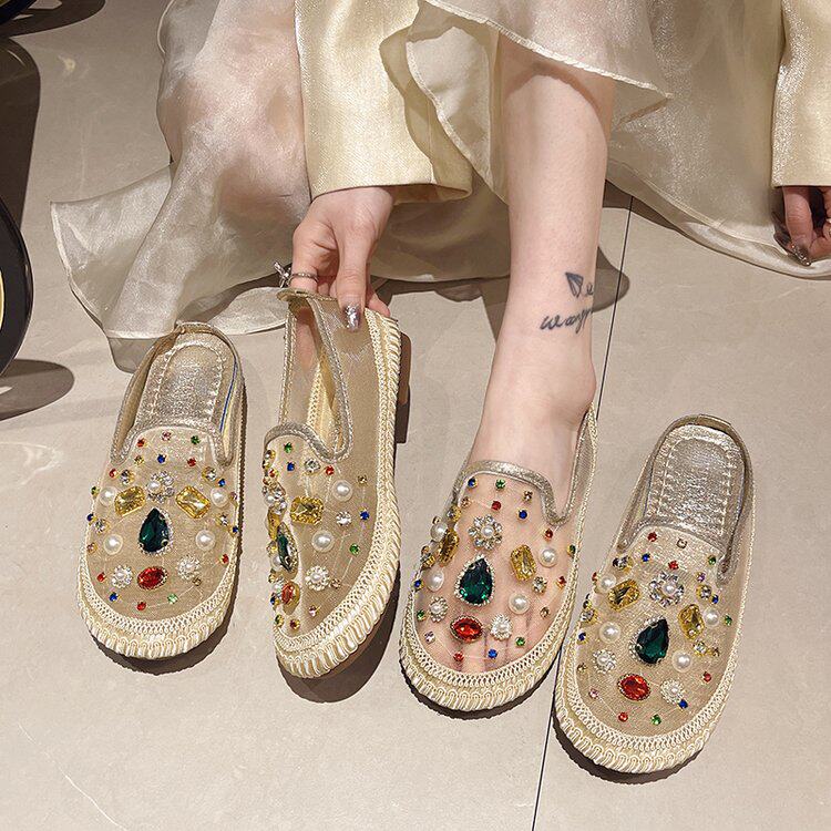 平底单鞋女2024新款春夏季百搭网纱水钻懒人渔夫鞋半拖包头凉拖鞋,淘宝优惠券,粉丝福利购,淘宝优惠卷