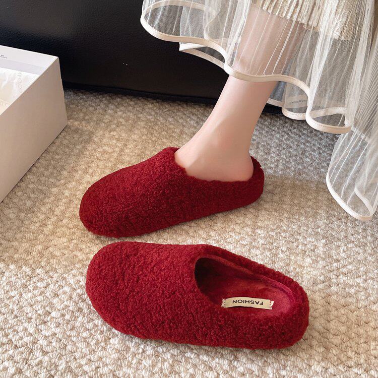 复古红卷毛勃肯鞋秋冬保暖加厚棉拖懒人百搭气质拖鞋居家包头鞋,淘宝优惠券,粉丝福利购,淘宝优惠卷