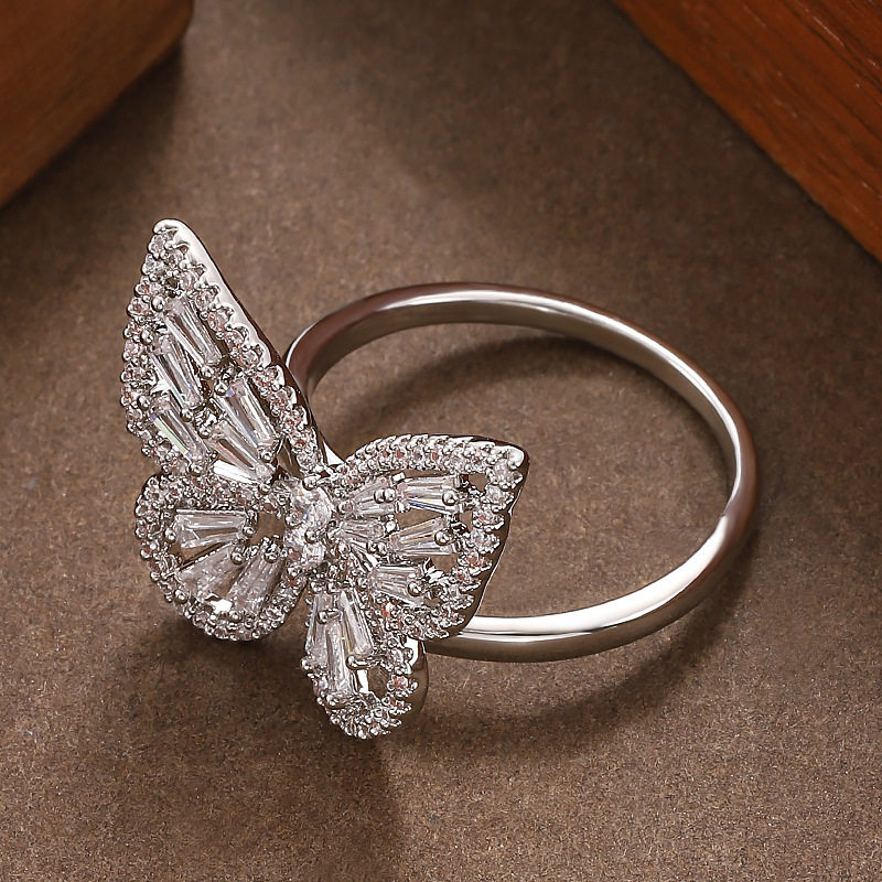 Cross-border fashionable and simple explosive zircon butterfly adjustable open ring niche exquisite hand jewelry