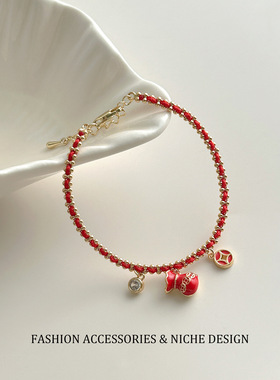 钱包满满~新年金币钱福袋吊坠红绳手链女款显白红色招财手饰手绳